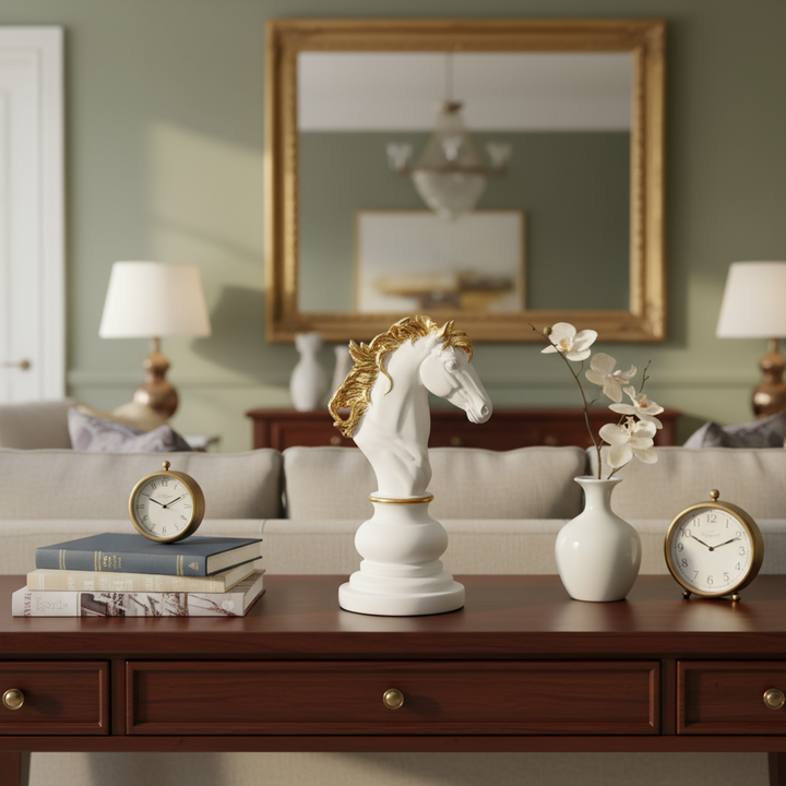 Pieza Decorativa Ajedrez: Caballo Blanco y Dorado