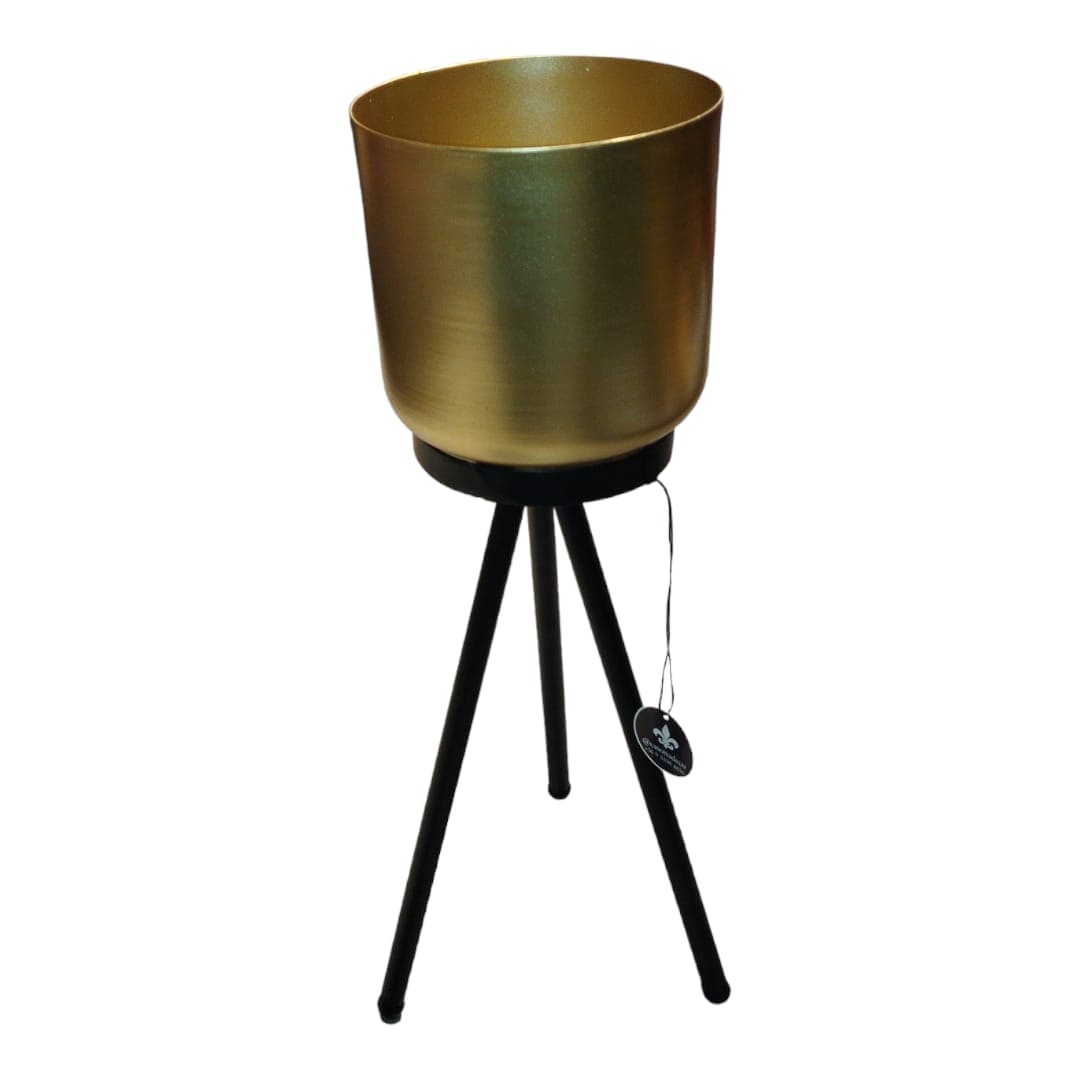 Porta Maceta Dorada Pedestal Negro M