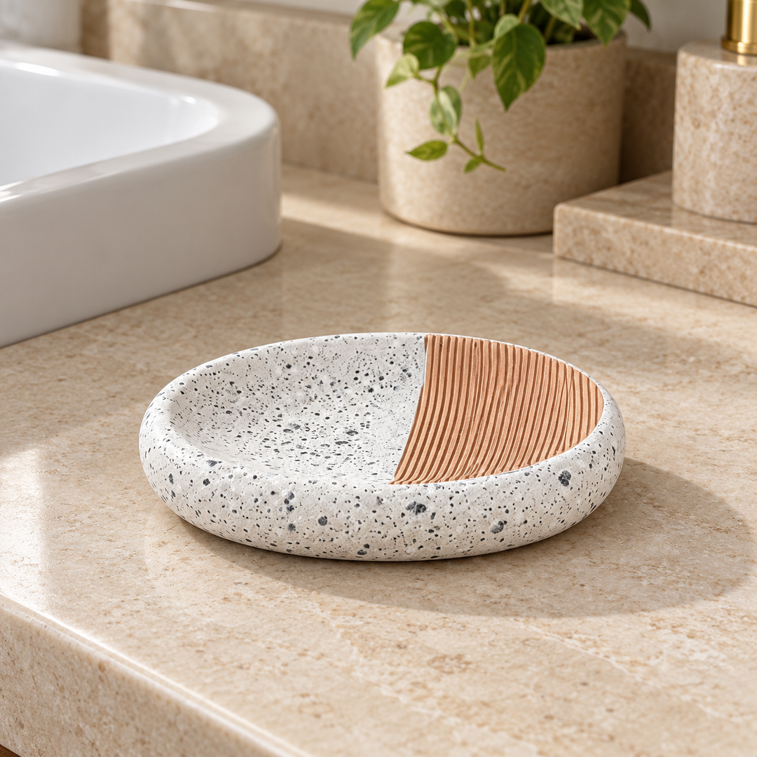 Jabonera ovalada blanco jaspeado y terracota