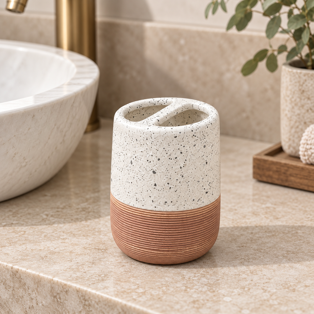portacepillos blanco jaspeado con base terracota acanalada