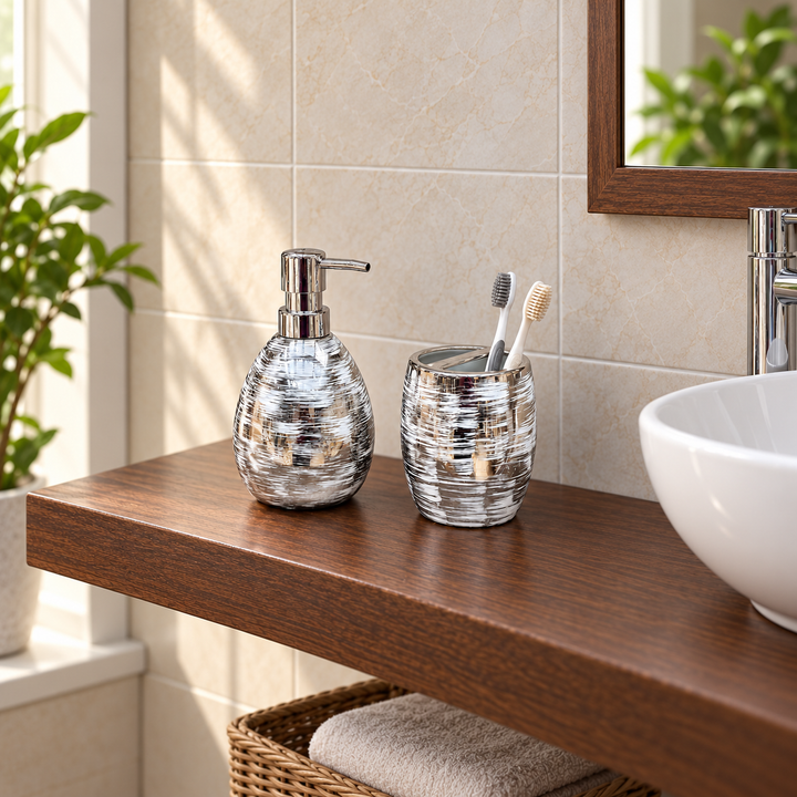 Accesorios de baño plateado con líneas blancas Dispensador y vaso porta cepillos