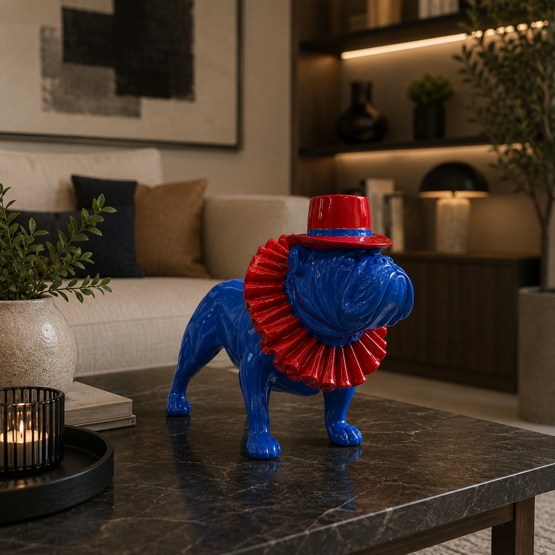Perro Bulldog ingles azul con rojo