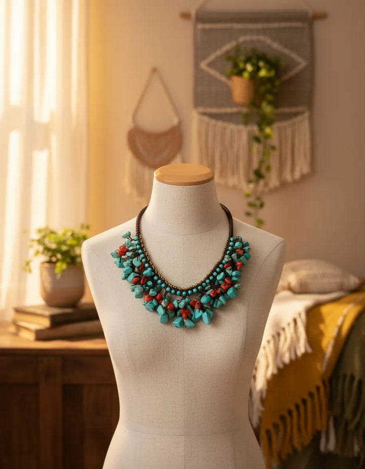 Collar Sairee color turquesa y coral