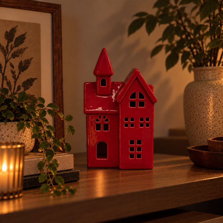 Casa de cerámica roja con luz