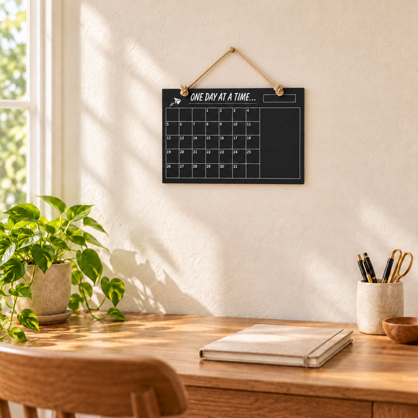 Pizarra calendario negra con cuerda de yute