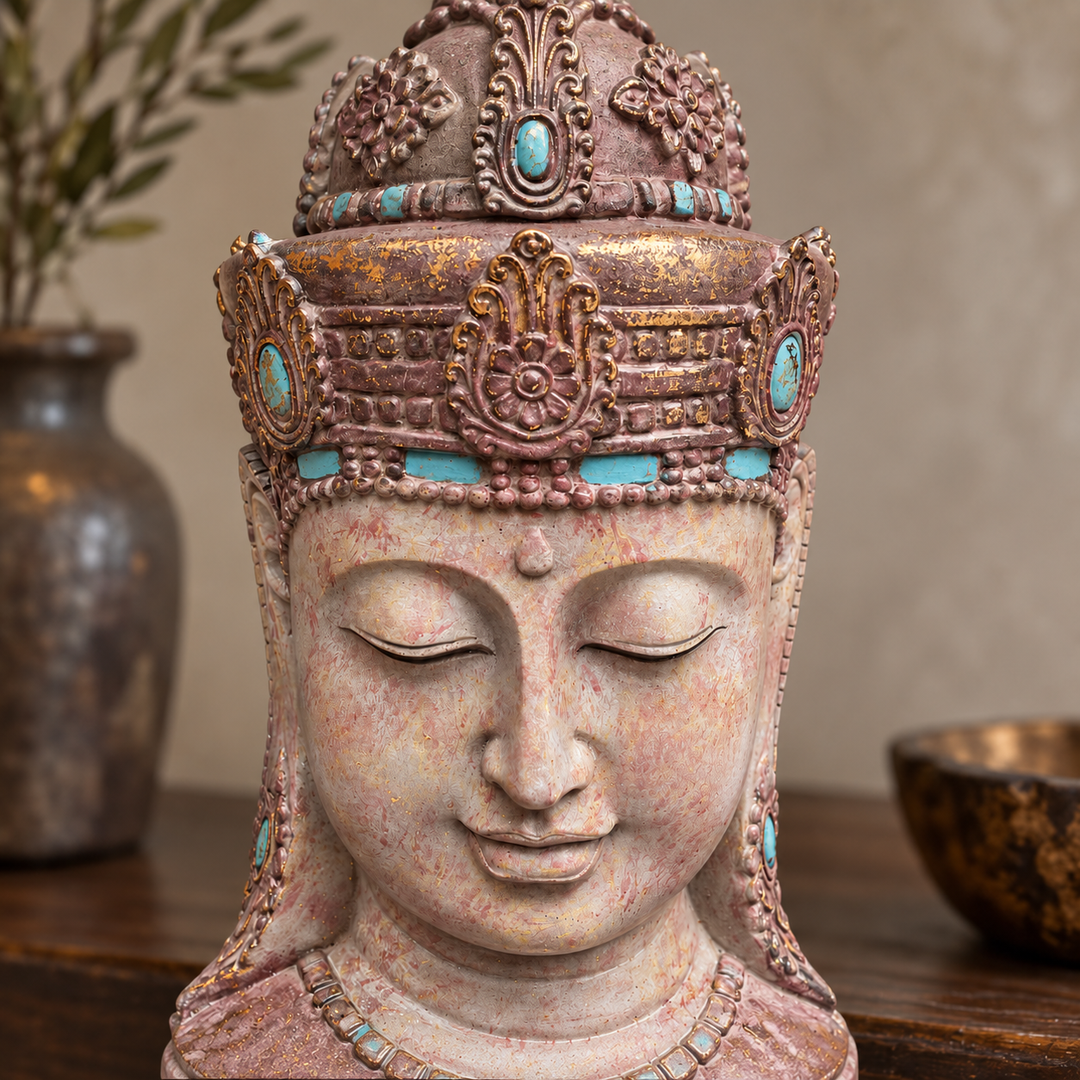 Detalle del rostro y corona del busto de Buda con acabado envejecido