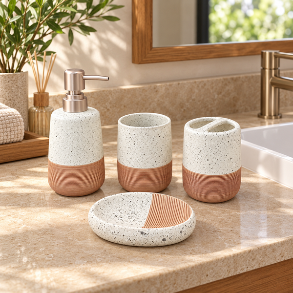 Accesorios de Baño Blanco Jaspeado y Terracota