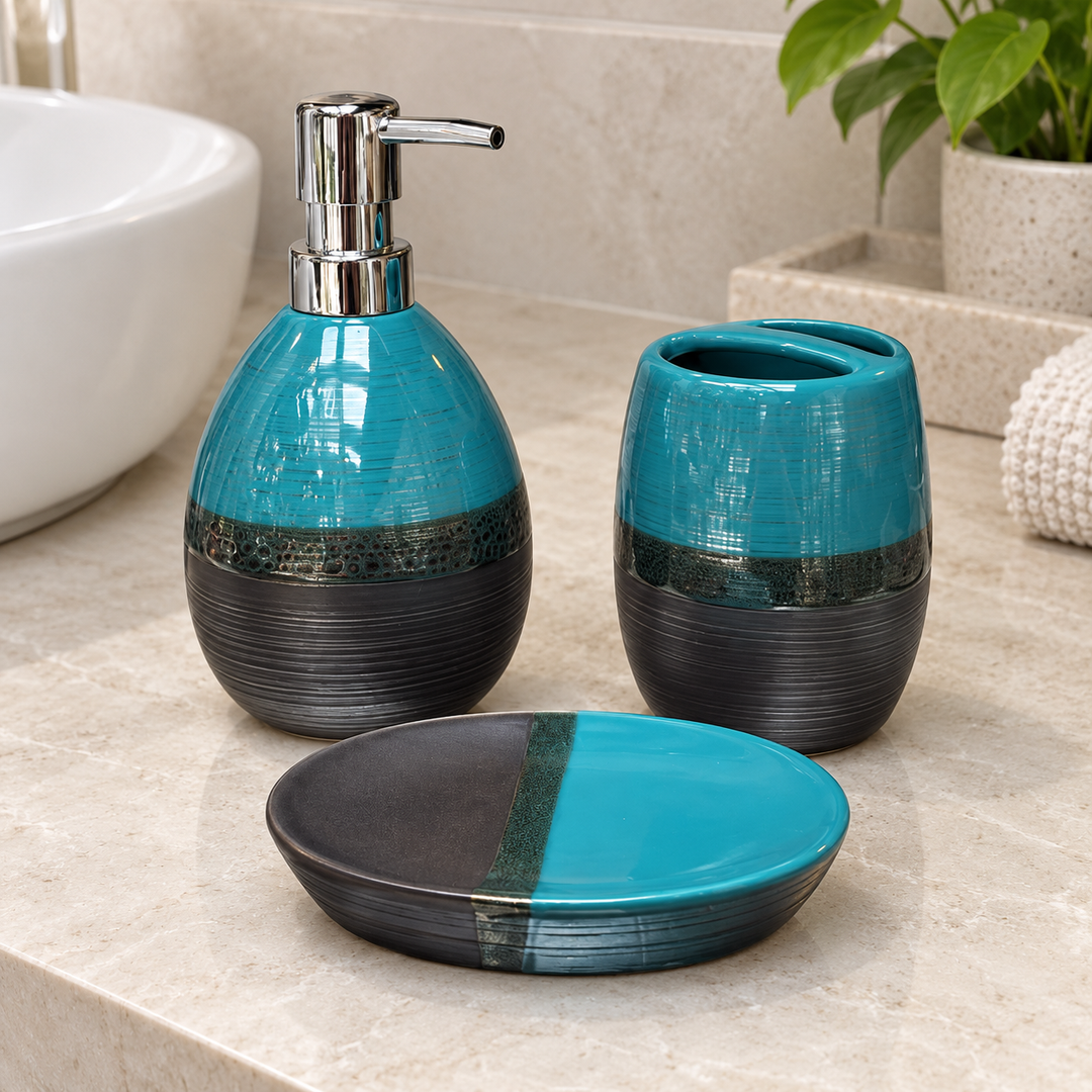 Accesorios de Baño Turquesa y Grafito Dispensador, vaso portacepillos y jabonera 