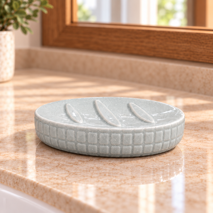 Accesorios de baño gris piedra con relieve cuadriculado CASONA DECO 