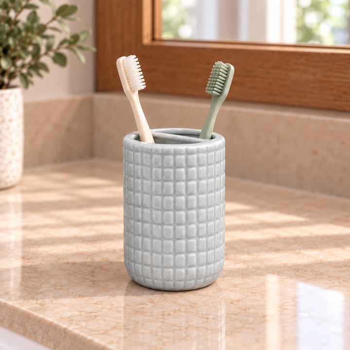 Accesorios de baño gris piedra con relieve cuadriculado CASONA DECO 