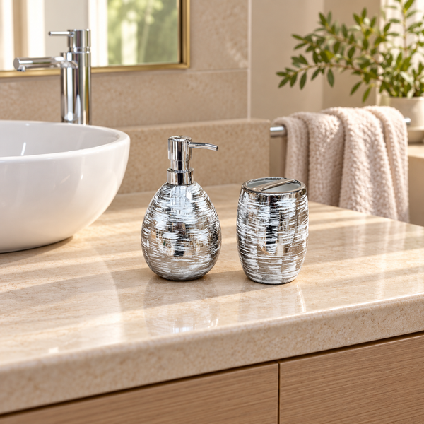 Accesorios de baño plateado con líneas blancas