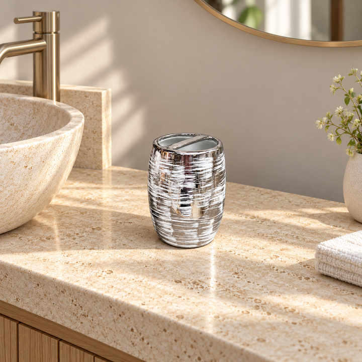 Accesorios de baño plateado con líneas blancas vaso porta cepillos