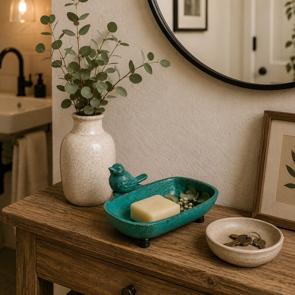 Adorno Jabonera pajarito verde de hierro CASONA DECO 