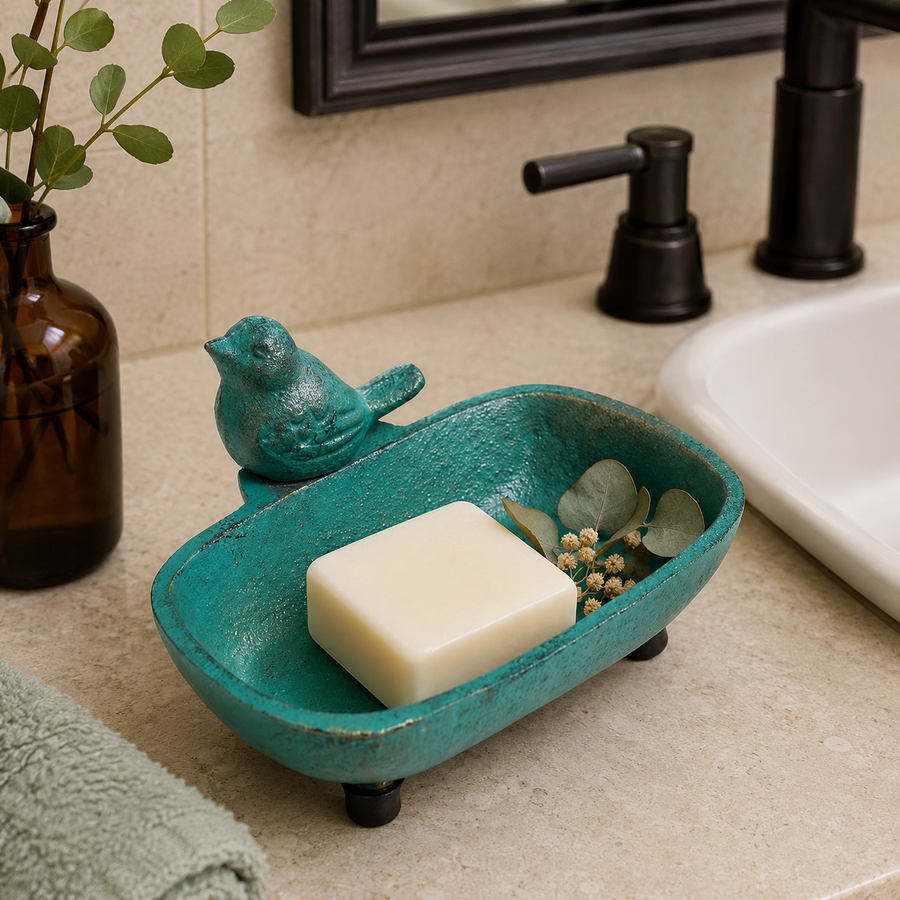 Adorno Jabonera pajarito verde de hierro CASONA DECO 