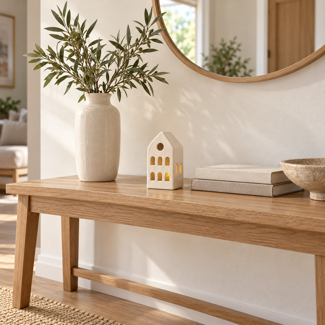Adorno casita beige calada sobre consola de entrada