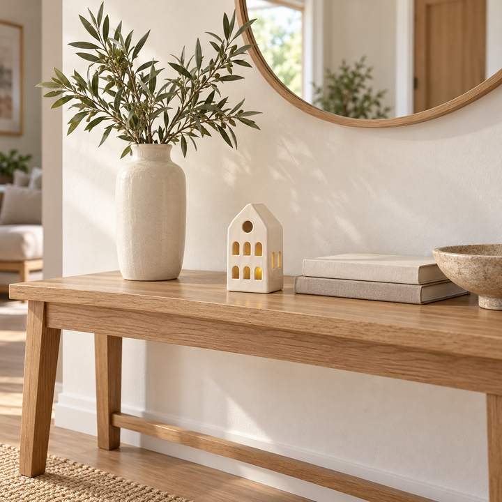 Adorno casita beige calada sobre consola de entrada