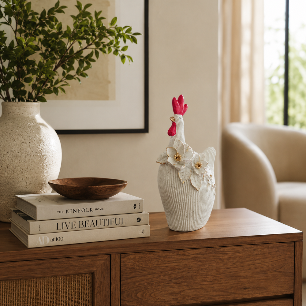 Adorno gallina con flores blanco con dorado grande CASONA DECO decoración 