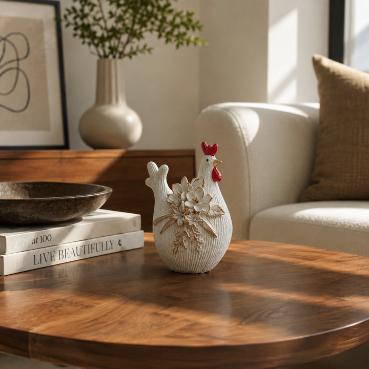 Adorno gallina con flores blanco con dorado pequeña CASONA DECO decoración 