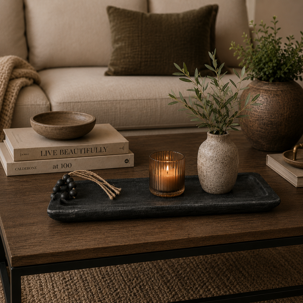 Bandeja rectangular negra con borlas CASONA DECO
