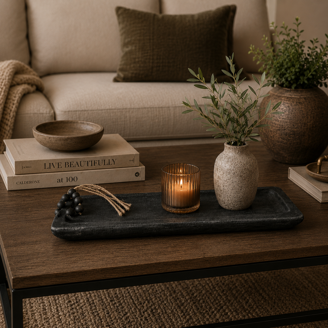 Bandeja rectangular negra con borlas CASONA DECO