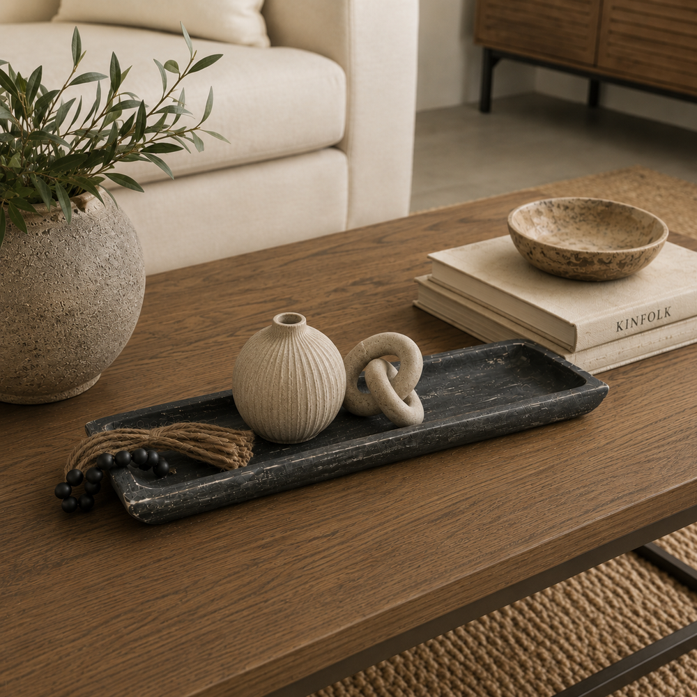 Bandeja rectangular negra con borlas CASONA DECO