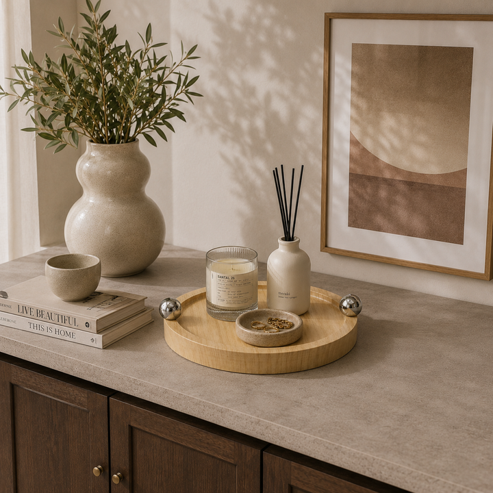 Bandeja redonda beige con esferas CASONA DECO