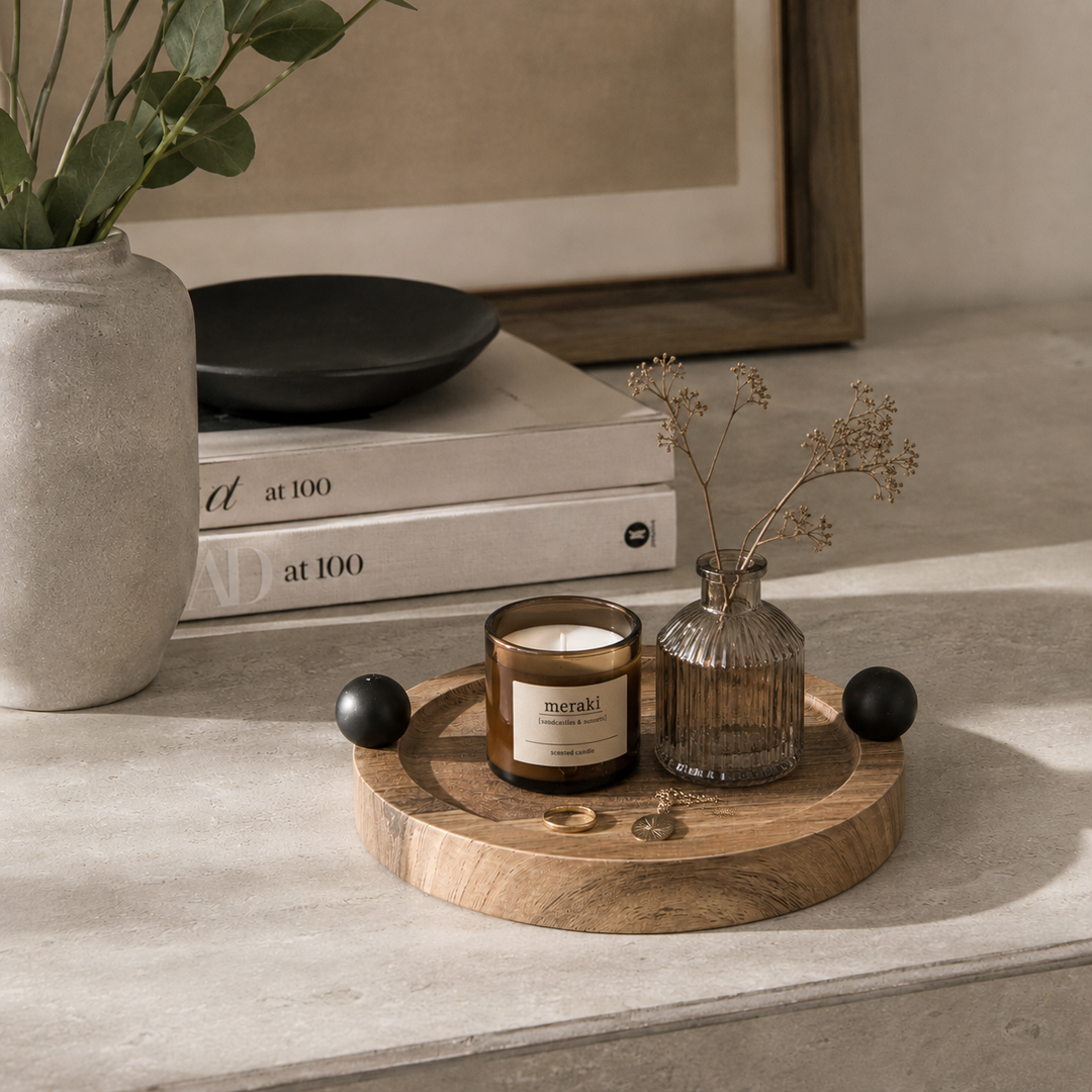 Bandeja redonda pequeña marron con esferas negras CASONA DECO decoración 