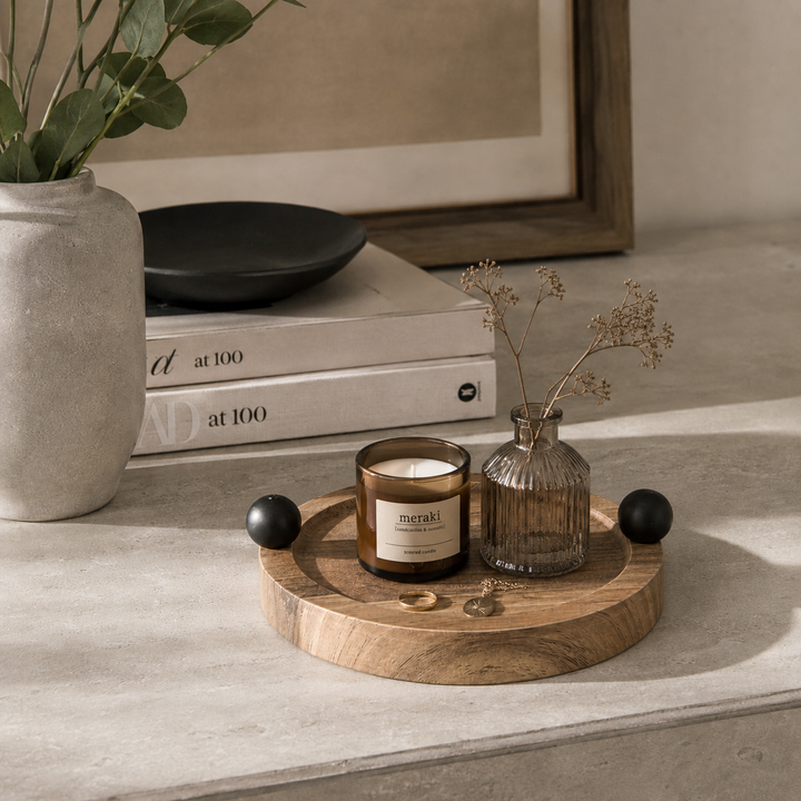 Bandeja redonda pequeña marron con esferas negras CASONA DECO decoración 