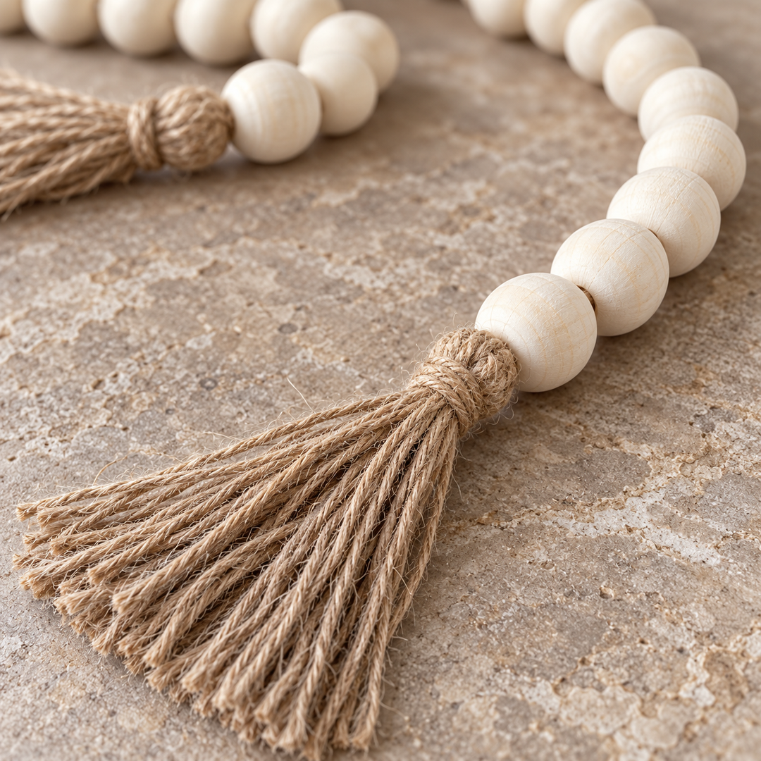 Detalle de la borla decorativa de cuentas beige 