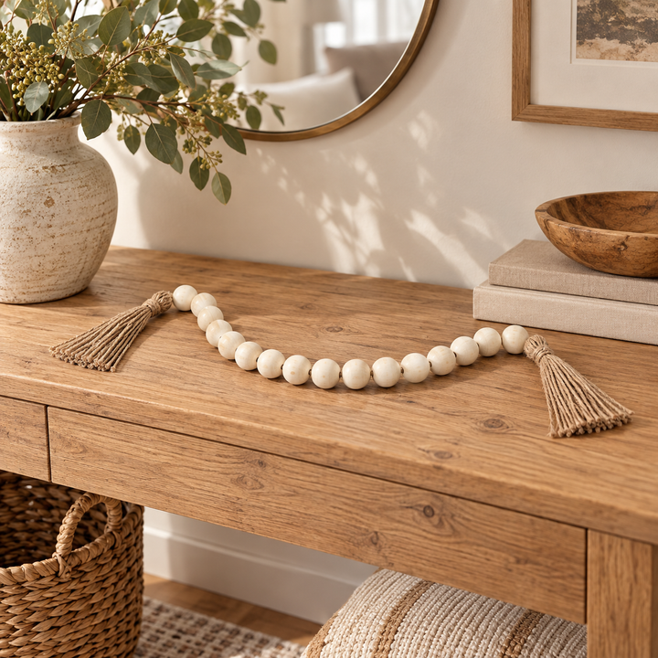 Borla decorativa de cuentas beige ambientada sobre consola