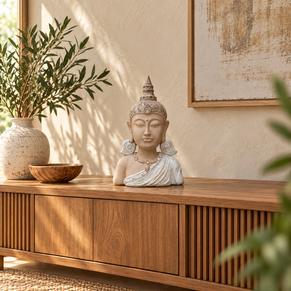 Busto de buda con tocado y detalles envejecidos