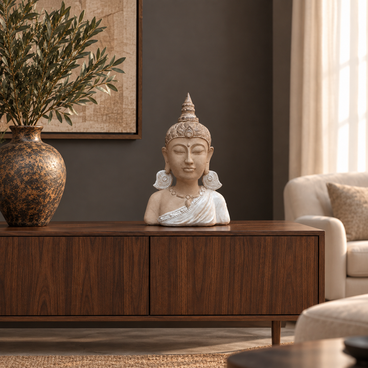 Busto de Buda de 35 cm ambientado en living