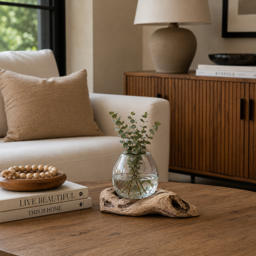 Cuenco Decorativo de vidrio con base de madera CASONA DECO 