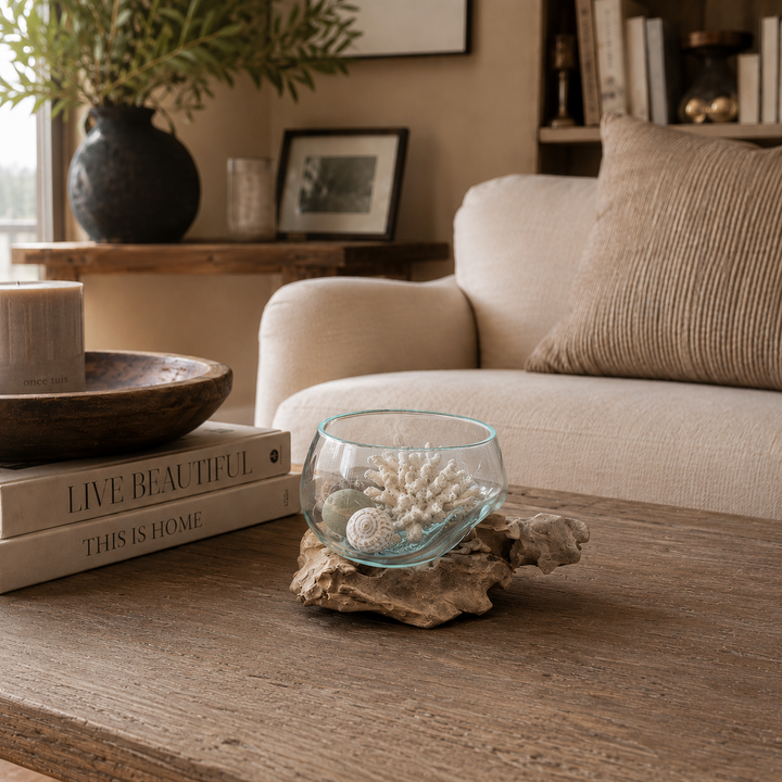Cuenco Decorativo de vidrio con base de madera CASONA DECO 