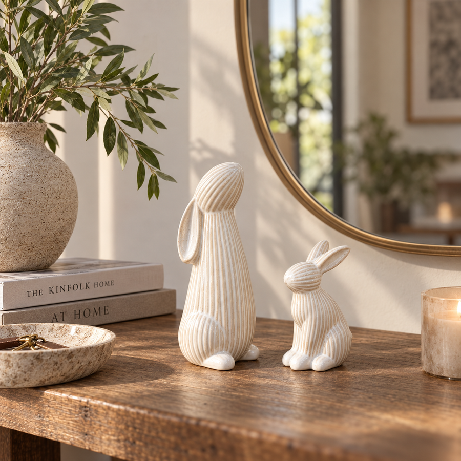 Dúo de conejos decorativos de cerámica CASONA DECO 