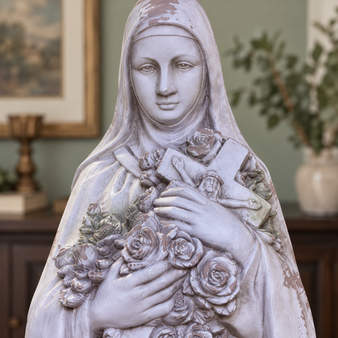 Detalle del acabado gris malva de Santa Teresita