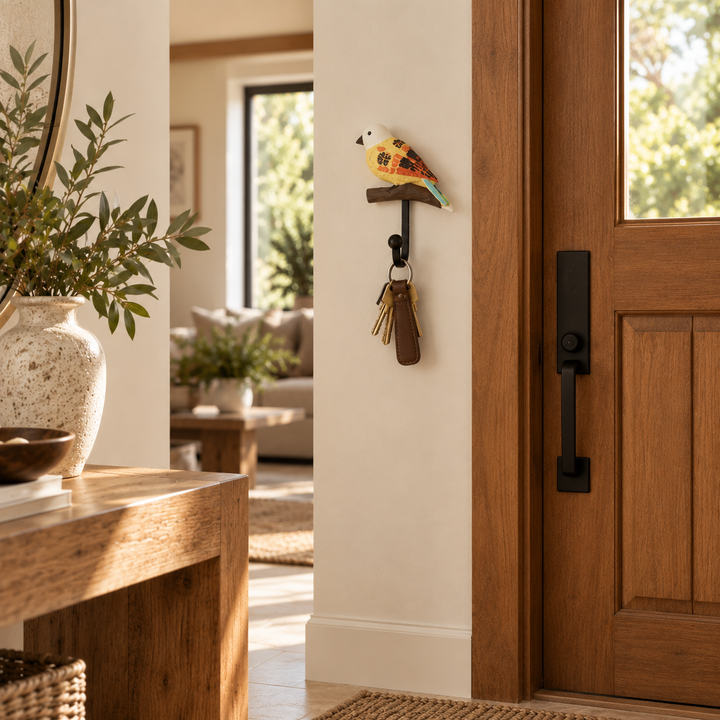 Percha pajarito blanco con amarillo CASONA DECO 