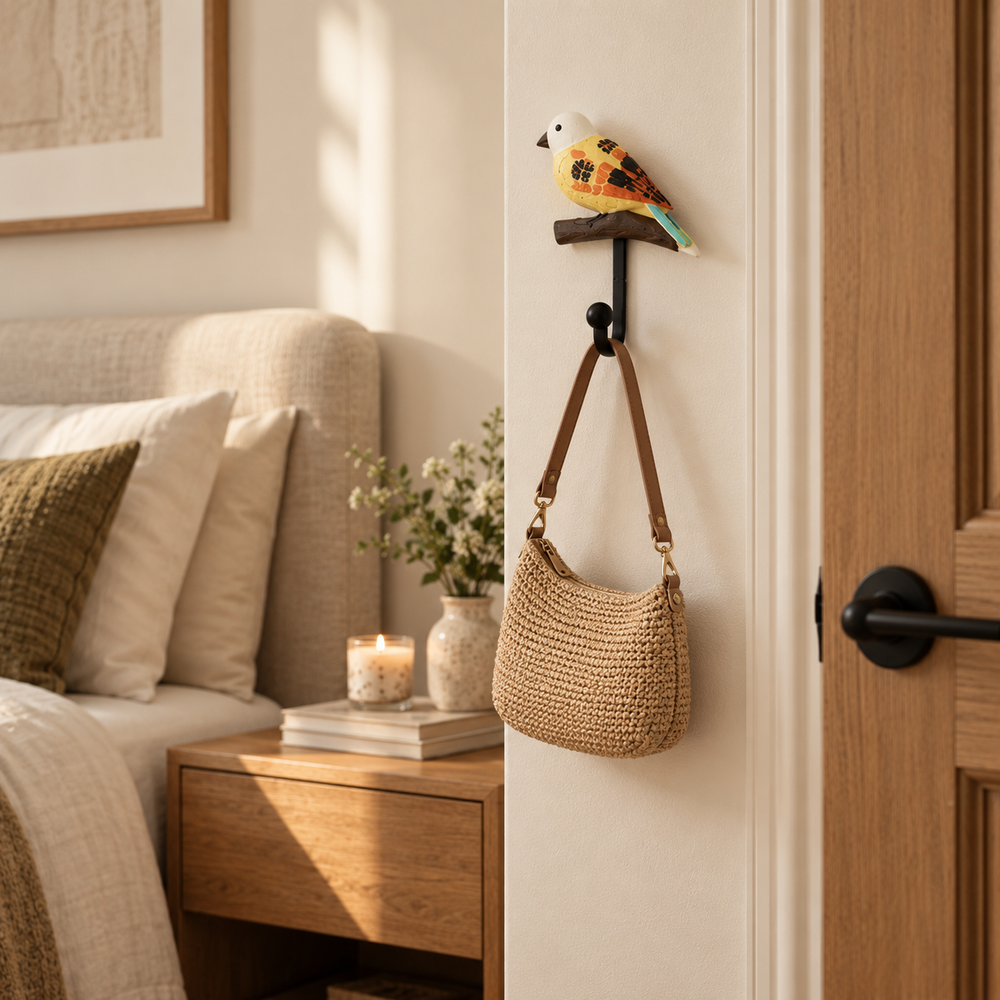 Percha pajarito blanco con amarillo CASONA DECO 