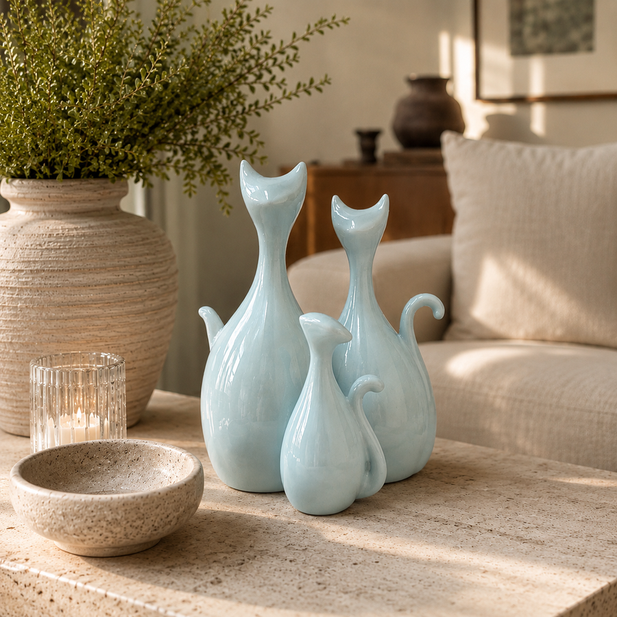 Trio Gatos color celeste 64057 CASONA DECO decoración 