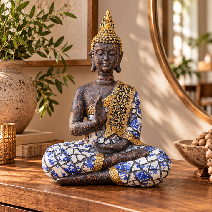 Figura Buda mosaico azul y dorado CASONA DECO 