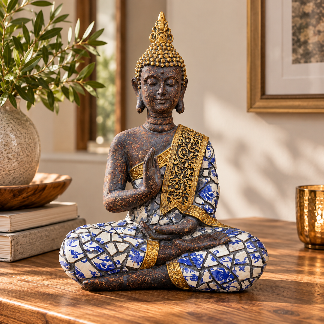 Figura Buda mosaico azul y dorado CASONA DECO 