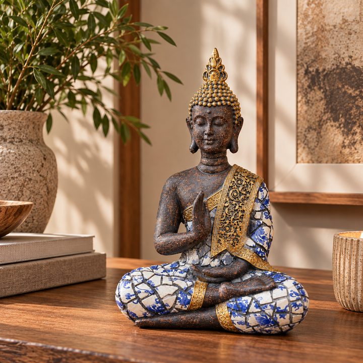 Figura Buda mosaico azul y dorado CASONA DECO 