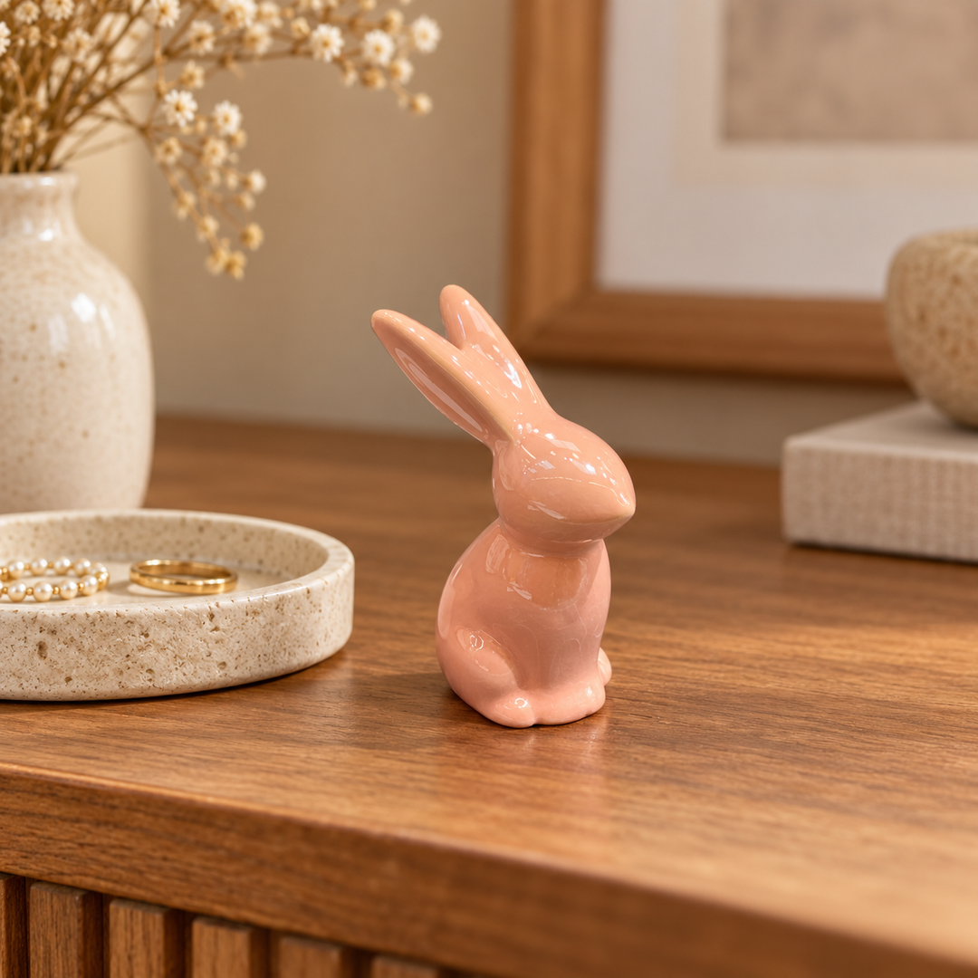 Conejito decorativo rosado de 9 cm en ambiente cálido