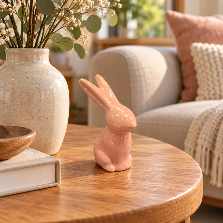 Conejito decorativo rosado de 9 cm en ambiente cálido