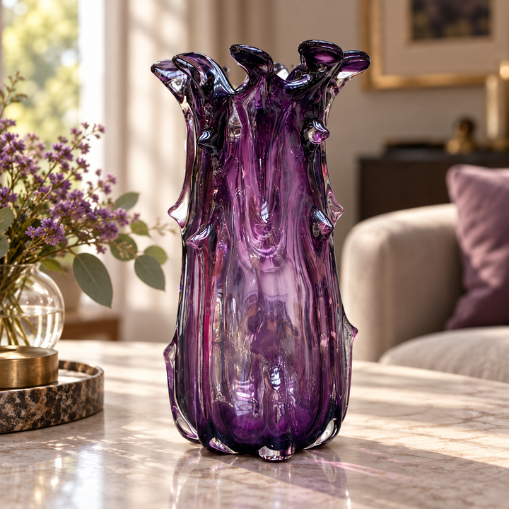 Detalle del vidrio morado y borde ondulado del florero amatista
