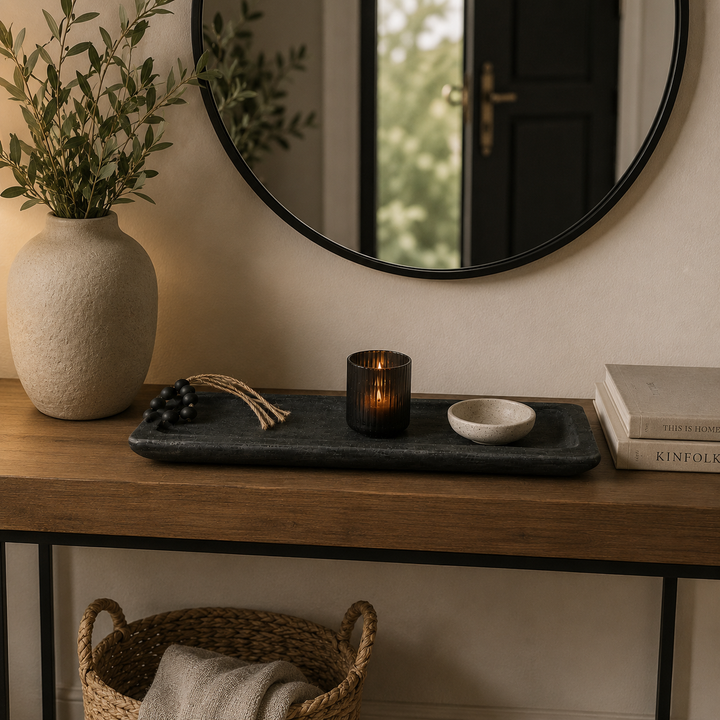 Bandeja rectangular negra con borlas CASONA DECO