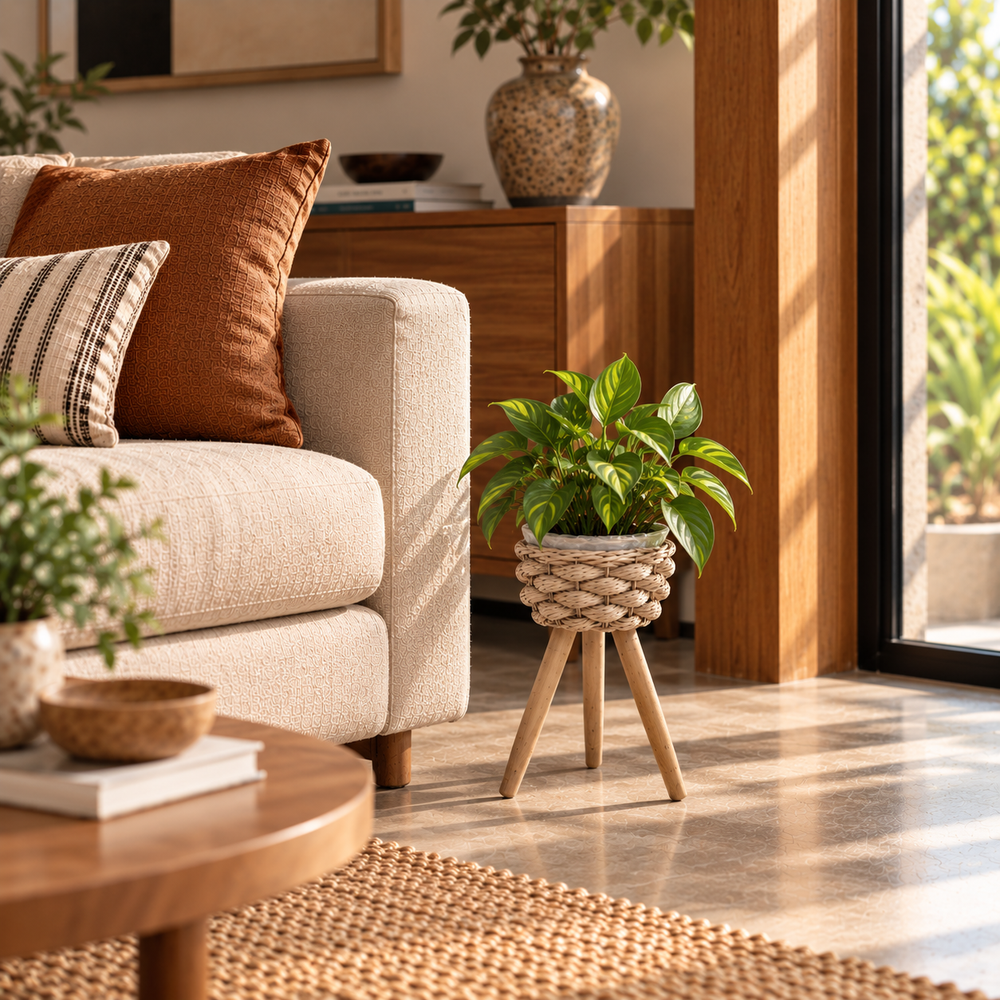 Porta maceta trenzada con patas de madera CASONA DECO 
