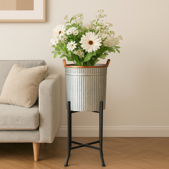 Porta Maceta Plateada Pedestal M