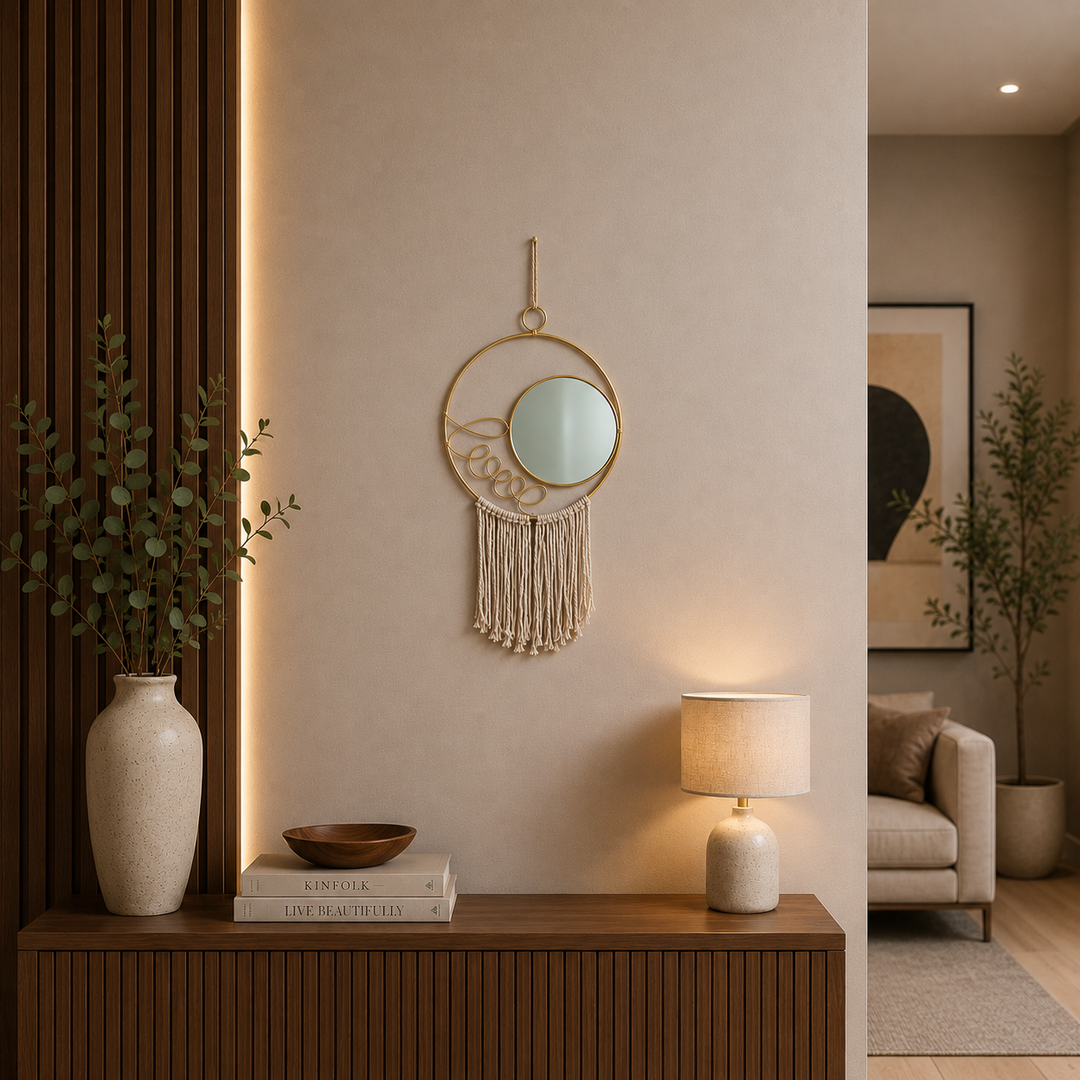 Espejo de Pared Love Dorado con Macramé