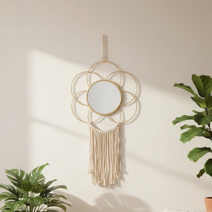 Espejo forma de Flor color Dorado con Macramé